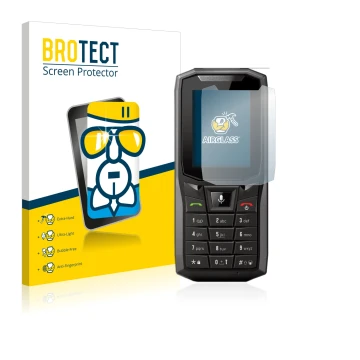 Parte frontal de un envase de producto con el logotipo de la marca BROTECT. Al lado se muestra el dispositivo Crosscall Core-S