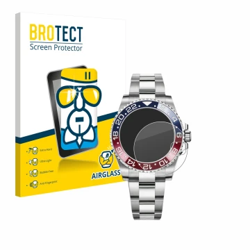 Parte frontal de un envase de producto con el logotipo de la marca BROTECT. Al lado se muestra el dispositivo Rolex GMT-Master