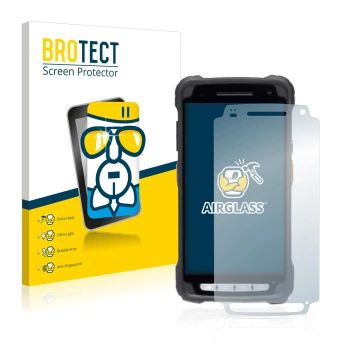 Parte frontal de un envase de producto con el logotipo de la marca BROTECT. Al lado se muestra el dispositivo Janam XT3 con su