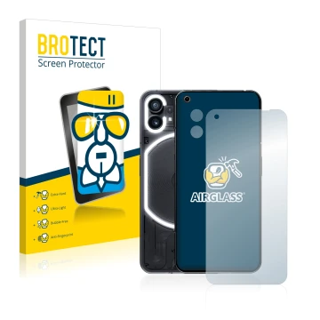 Parte frontal de un envase de producto con el logotipo de la marca BROTECT. Al lado se muestra el dispositivo Nothing Phone (1