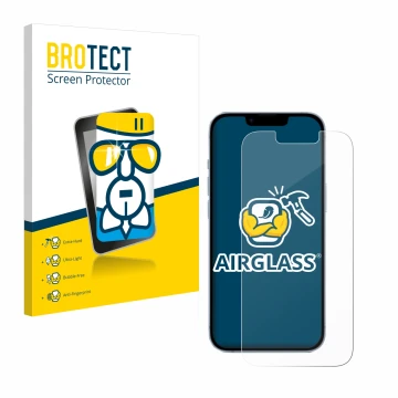 Parte frontal de un envase de producto con el logotipo de la marca BROTECT. Al lado se muestra el dispositivo Apple iPhone 14 