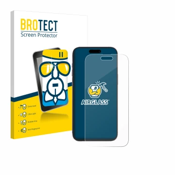 Parte frontal de un envase de producto con el logotipo de la marca BROTECT. Al lado se muestra el dispositivo Apple iPhone 14 