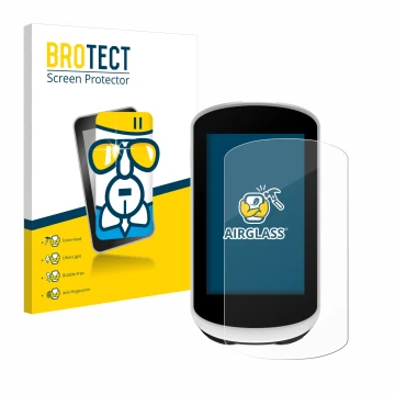 Parte frontal de un envase de producto con el logotipo de la marca BROTECT. Al lado se muestra el dispositivo Garmin Edge Expl