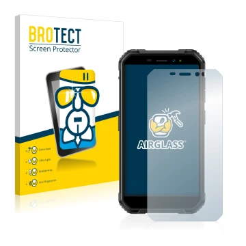 Parte frontal de un envase de producto con el logotipo de la marca BROTECT. Al lado se muestra el dispositivo Ulefone Armor X6