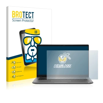 Parte frontal de un envase de producto con el logotipo de la marca BROTECT. Al lado se muestra el dispositivo Dell Latitude 14