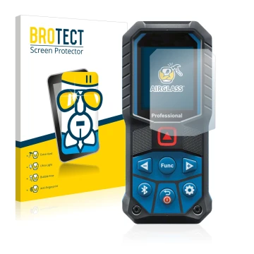 Parte frontal de un envase de producto con el logotipo de la marca BROTECT. Al lado se muestra el dispositivo Bosch GLM 50-27 