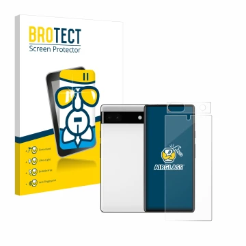 Parte frontal de un envase de producto con el logotipo de la marca BROTECT. Al lado se muestra el dispositivo Google Pixel 6a 