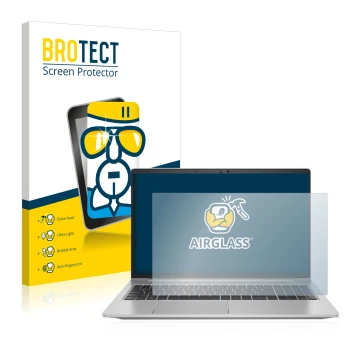 Parte frontal de un envase de producto con el logotipo de la marca BROTECT. Al lado se muestra el dispositivo HP ProBook 650 G
