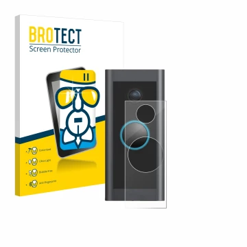 Parte frontal de un envase de producto con el logotipo de la marca BROTECT. Al lado se muestra el dispositivo Ring Video Doorb