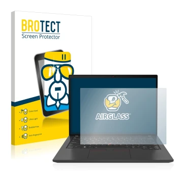 Parte frontal de un envase de producto con el logotipo de la marca BROTECT. Al lado se muestra el dispositivo Lenovo ThinkPad 