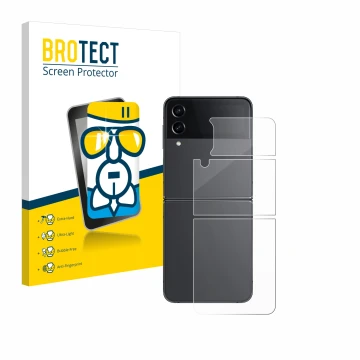 Parte frontal de un envase de producto con el logotipo de la marca BROTECT. Al lado se muestra el dispositivo Samsung Galaxy Z