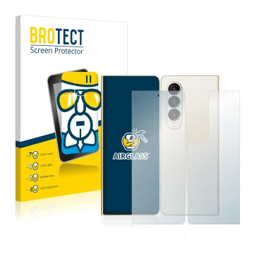 Parte frontal de un envase de producto con el logotipo de la marca BROTECT. Al lado se muestra el dispositivo Samsung Galaxy Z