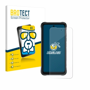 Parte frontal de un envase de producto con el logotipo de la marca BROTECT. Al lado se muestra el dispositivo Umidigi Bison 2 