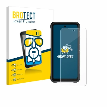 Parte frontal de un envase de producto con el logotipo de la marca BROTECT. Al lado se muestra el dispositivo Umidigi Bison 2 