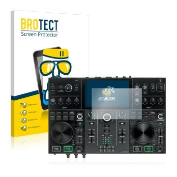Parte frontal de un envase de producto con el logotipo de la marca BROTECT. Al lado se muestra el dispositivo Denon DJ Prime G