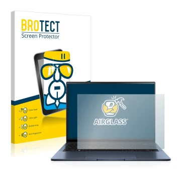 Parte frontal de un envase de producto con el logotipo de la marca BROTECT. Al lado se muestra el dispositivo ASUS ZenBook S13