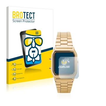 Parte frontal de un envase de producto con el logotipo de la marca BROTECT. Al lado se muestra el dispositivo Casio AQ-230GA c