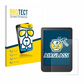 Parte frontal de un envase de producto con el logotipo de la marca BROTECT. Al lado se muestra el dispositivo Kobo Clara 2E co