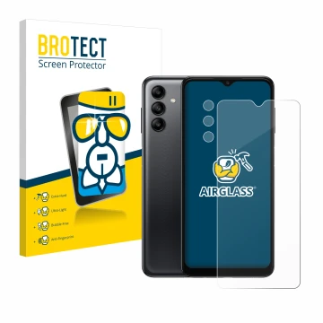 Parte frontal de un envase de producto con el logotipo de la marca BROTECT. Al lado se muestra el dispositivo Samsung Galaxy A