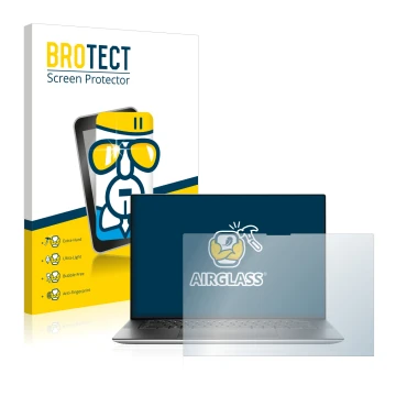Parte frontal de un envase de producto con el logotipo de la marca BROTECT. Al lado se muestra el dispositivo Dell XPS 15 9520