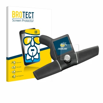Parte frontal de un envase de producto con el logotipo de la marca BROTECT. Al lado se muestra el dispositivo Motocaddy M3 GPS