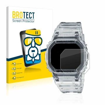Parte frontal de un envase de producto con el logotipo de la marca BROTECT. Al lado se muestra el dispositivo Casio G-Shock DW