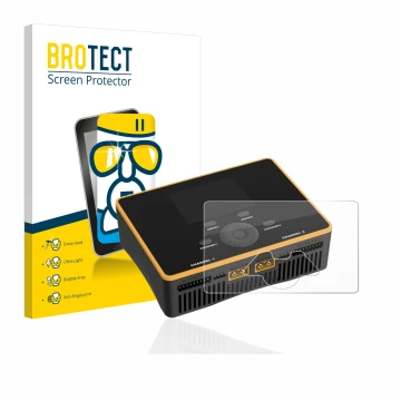 Parte frontal de un envase de producto con el logotipo de la marca BROTECT. Al lado se muestra el dispositivo Junsi iCharger D