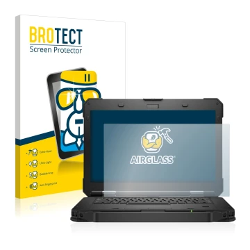 Parte frontal de un envase de producto con el logotipo de la marca BROTECT. Al lado se muestra el dispositivo Dell Latitude 54