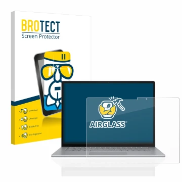 Parte frontal de un envase de producto con el logotipo de la marca BROTECT. Al lado se muestra el dispositivo Microsoft Surfac