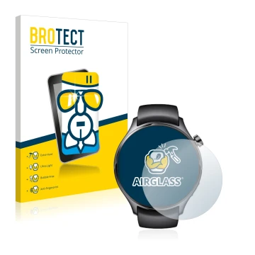 Parte frontal de un envase de producto con el logotipo de la marca BROTECT. Al lado se muestra el dispositivo Xiaomi Watch S1 