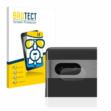 Parte frontal de un envase de producto con el logotipo de la marca BROTECT. Al lado se muestra el dispositivo Google Pixel 7 (