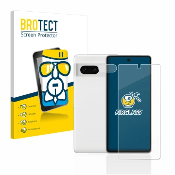 Parte frontal de un envase de producto con el logotipo de la marca BROTECT. Al lado se muestra el dispositivo Google Pixel 7 (