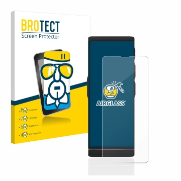 Parte frontal de un envase de producto con el logotipo de la marca BROTECT. Al lado se muestra el dispositivo Vasco Translator