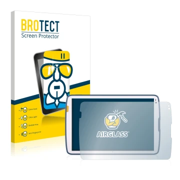 Parte frontal de un envase de producto con el logotipo de la marca BROTECT. Al lado se muestra el dispositivo Zebra ET45 10.1