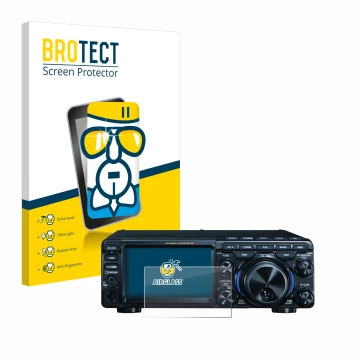 Parte frontal de un envase de producto con el logotipo de la marca BROTECT. Al lado se muestra el dispositivo Yaesu FT-710 con