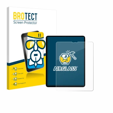 Parte frontal de un envase de producto con el logotipo de la marca BROTECT. Al lado se muestra el dispositivo Apple iPad Pro 1