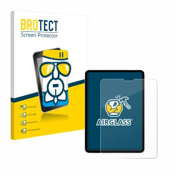 Parte frontal de un envase de producto con el logotipo de la marca BROTECT. Al lado se muestra el dispositivo Apple iPad Pro 1