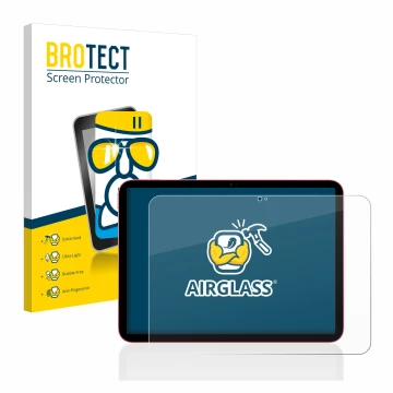 Parte frontal de un envase de producto con el logotipo de la marca BROTECT. Al lado se muestra el dispositivo Apple iPad 10.9