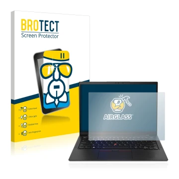 Parte frontal de un envase de producto con el logotipo de la marca BROTECT. Al lado se muestra el dispositivo Lenovo ThinkPad 