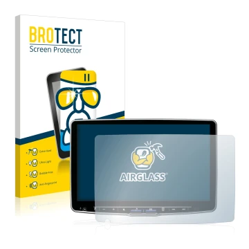 Parte frontal de un envase de producto con el logotipo de la marca BROTECT. Al lado se muestra el dispositivo Alpine ILX-F115D