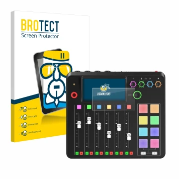 Parte frontal de un envase de producto con el logotipo de la marca BROTECT. Al lado se muestra el dispositivo Rode Rodecaster 