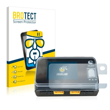 Parte frontal de un envase de producto con el logotipo de la marca BROTECT. Al lado se muestra el dispositivo ToolkitRC M6D Du