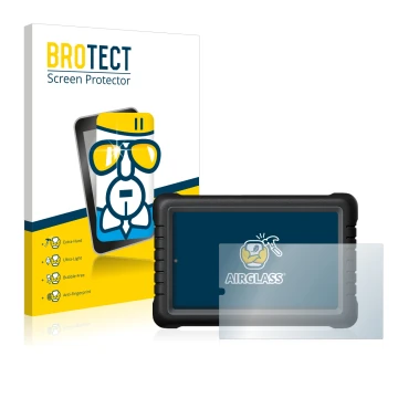 Parte frontal de un envase de producto con el logotipo de la marca BROTECT. Al lado se muestra el dispositivo Launch X-431 PRO