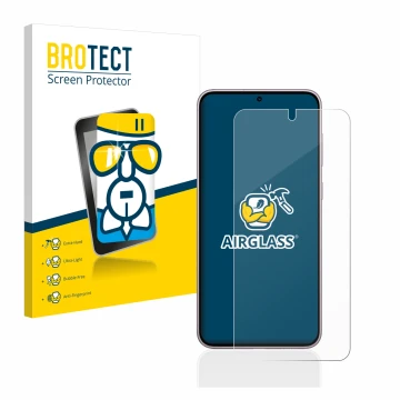 Parte frontal de un envase de producto con el logotipo de la marca BROTECT. Al lado se muestra el dispositivo Samsung Galaxy S