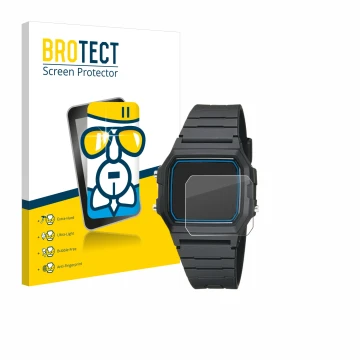 Parte frontal de un envase de producto con el logotipo de la marca BROTECT. Al lado se muestra el dispositivo Casio F-105W-1AW