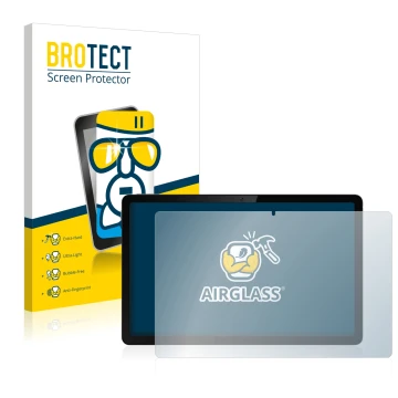 Parte frontal de un envase de producto con el logotipo de la marca BROTECT. Al lado se muestra el dispositivo realme Pad 10.4