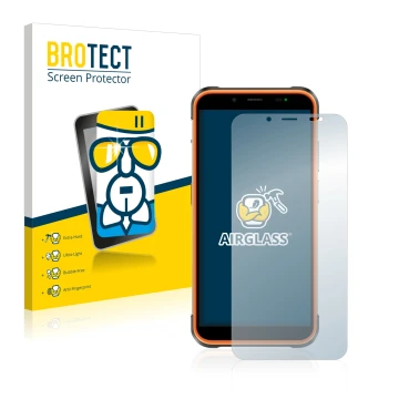 Parte frontal de un envase de producto con el logotipo de la marca BROTECT. Al lado se muestra el dispositivo Ulefone Power Ar