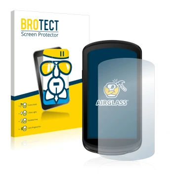 Parte frontal de un envase de producto con el logotipo de la marca BROTECT. Al lado se muestra el dispositivo Garmin Edge 1040