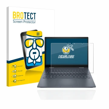 Parte frontal de un envase de producto con el logotipo de la marca BROTECT. Al lado se muestra el dispositivo HP Envy x360 13-