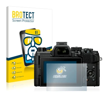 Parte frontal de un envase de producto con el logotipo de la marca BROTECT. Al lado se muestra el dispositivo Olympus OM Syste